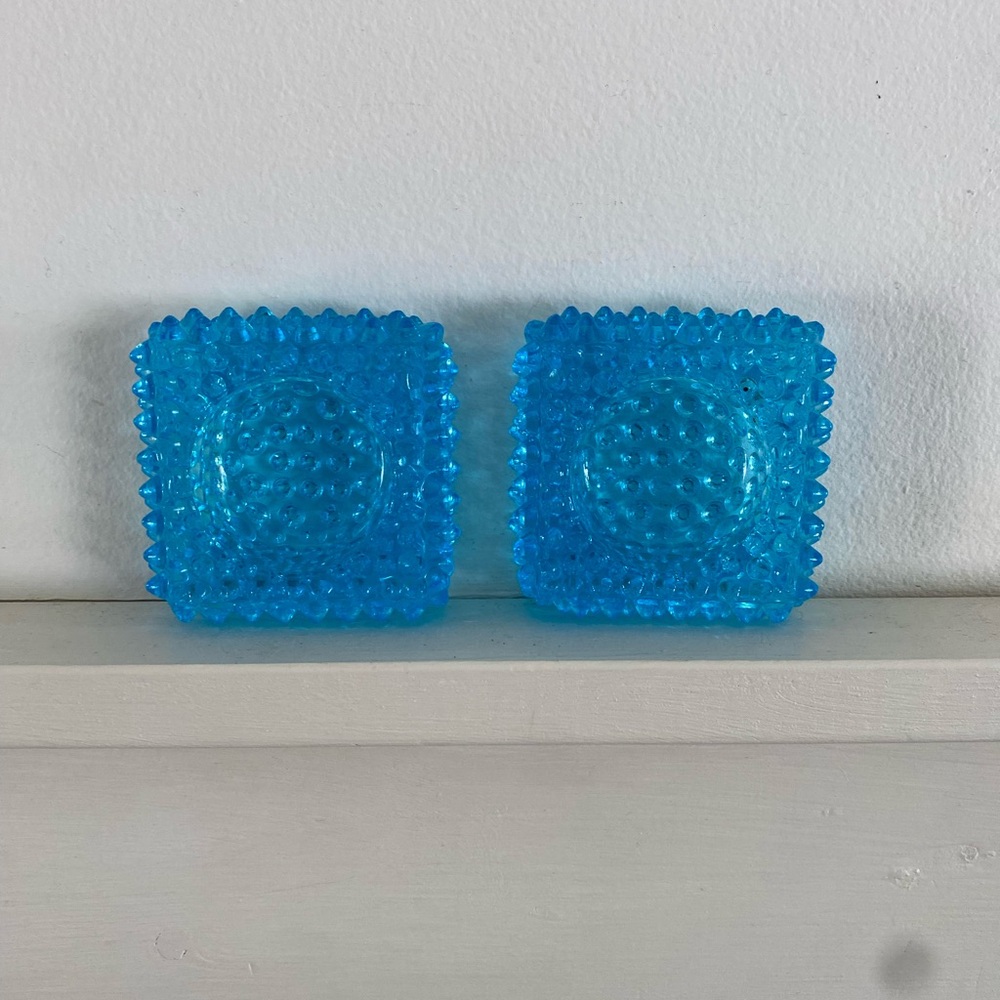 Pair of Blue Hobnail Glass Square Dishes